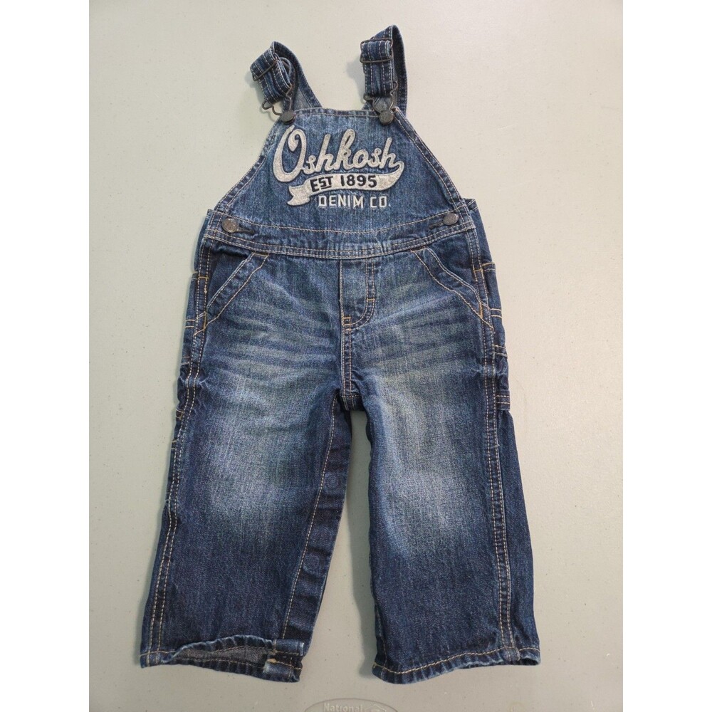 OshKosh B'Gosh Denim Overalls Bibs 12m Blue Jeans Logo Vestbak Spell Out
